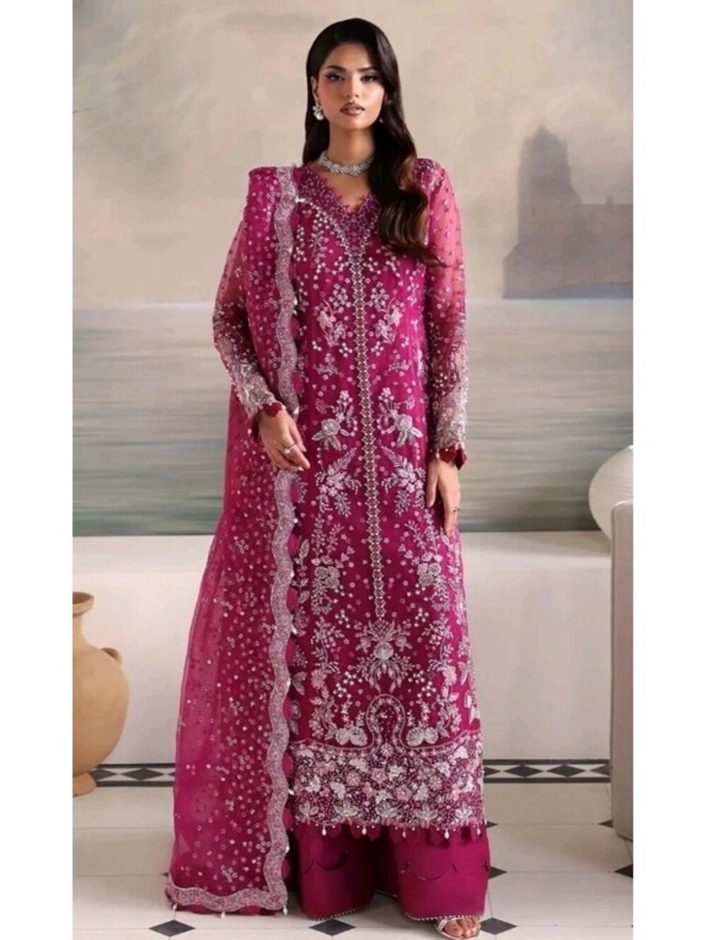 Dastoor Collection Emira Magenta Pink Embroidered Shalwar Kameez Suit Dupatta XS